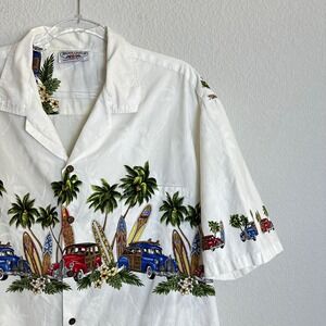 Pacific Legend Mens Hawaiian Shirt White Woody Car Surfboard Made in Hawaii 2XL